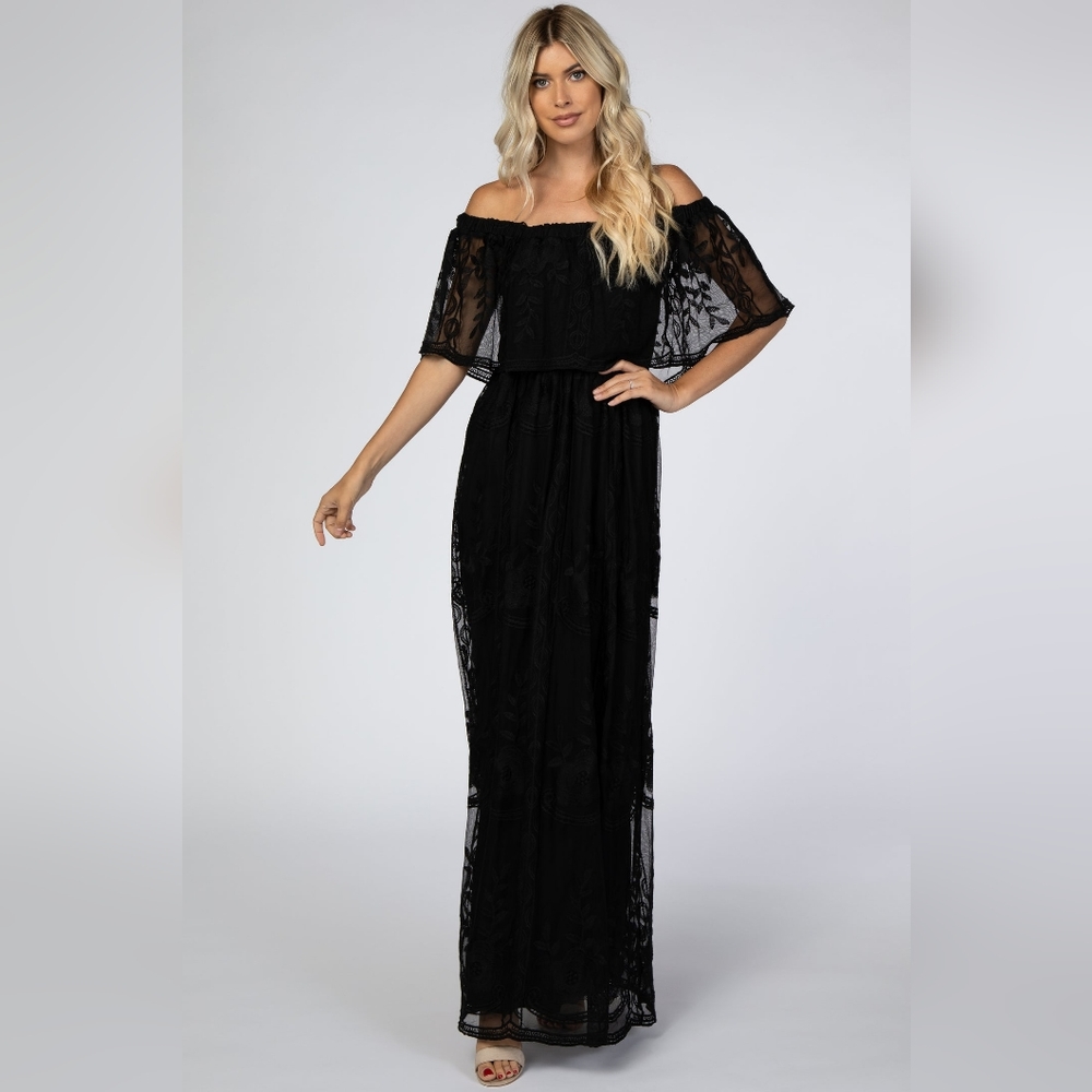 NWT Pink Blush Black Lace Overlay Off Shoulder Flounce Maxi Dress Sz M